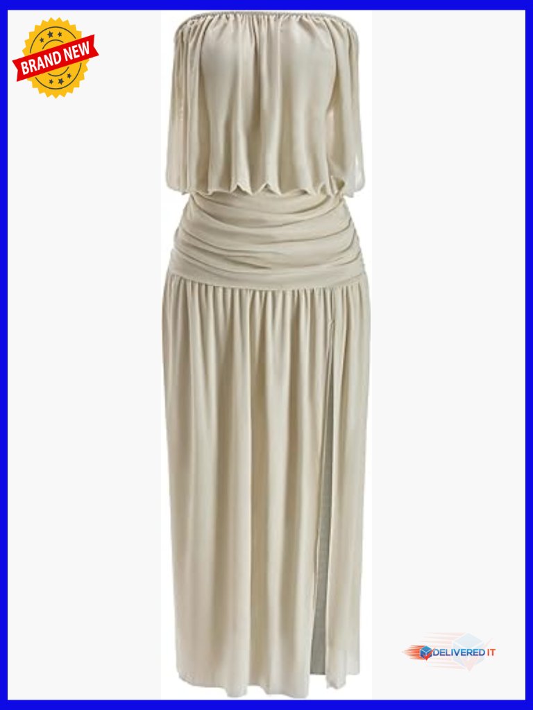Backless Ruched Tube Top Maxi Dress Strapless High Split Formal Prom